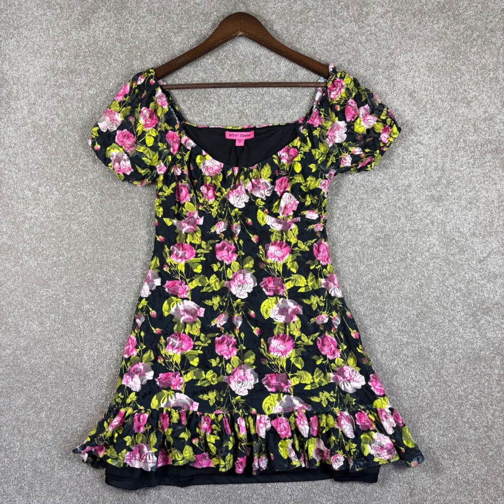 Betsey Johnson Floral Lace Mini Dress Pink Lime Green Rose Smocked Back Medium